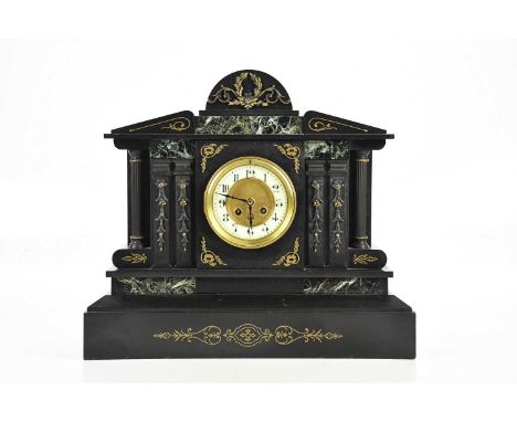 A 19th century slate mantel clock, with white enamel chapter ring set with Arabic numerals, height 43cm. 