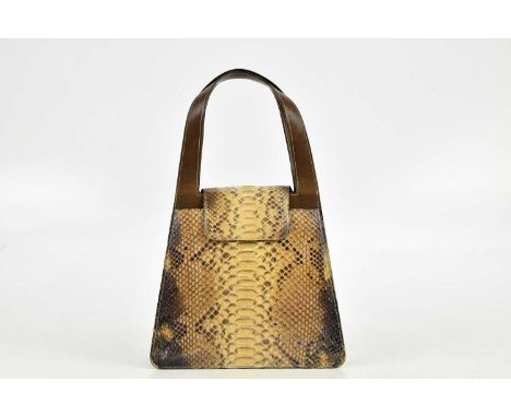 TANNER KROLLE; a tan brown leather and python skin geometric shaped handbag, with two top handles, magnetic front closure and