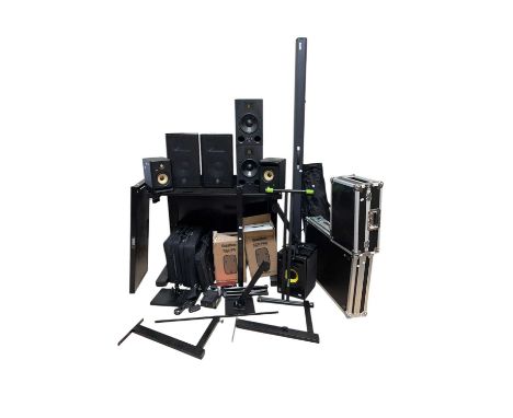 DJ/AUDIO EQUIPMENT INTEREST; a freestanding Humpter DJ stand, with a large collection of speakers, various brands including Y