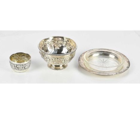 GEORGE UNITE; a Victorian hallmarked silver footed bowl, with cast beaded rim and cast scrolling repoussé decoration, Birming