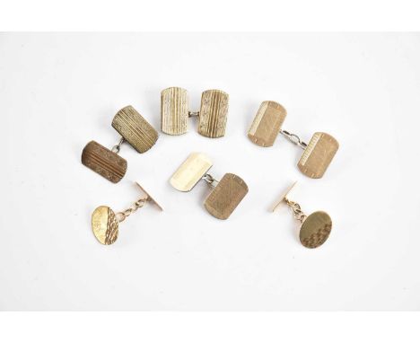 A pair of 9ct yellow gold cufflinks, combined approx 2.3g, and two further pairs of 9ct gold on silver cufflinks (3).