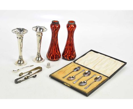 HENRY MATTHEWS; a pair of George V hallmarked silver weighted trumpet vases, both Birmingham 1923, two silver collared vases,
