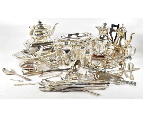 A large quantity of assorted silver plate including entrée dishes, tea service, waiters and flatware (qty).