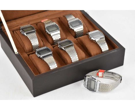 CASIO; seven stainless steel Melody Alarm gentleman's wristwatches, each with original red tag, fitted in a Constantin Weisz 