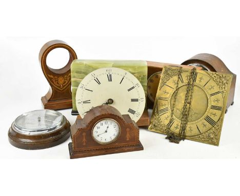A collection of miscellaneous clocks and parts including mantel clocks, barometer, brass clock face, etc (qty).