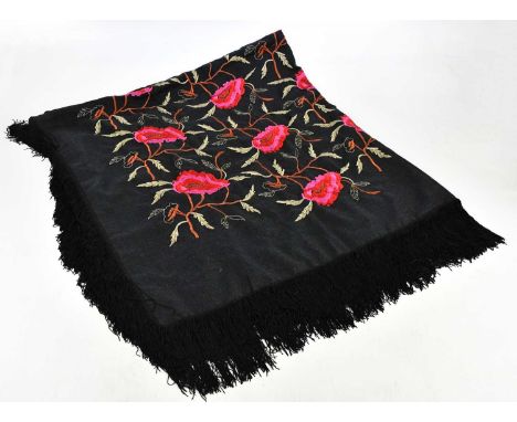 HARRODS; a 100% wool grey hand embroidered scarf with large pink, red and gold flowers and black fringing to edges, 160 x 140