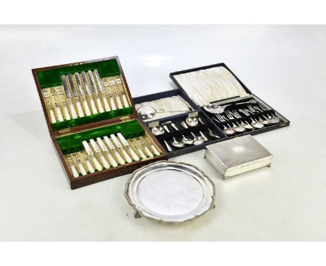 A small collection of silver plate including salver, cigarette box and three cased sets of flatware (5).