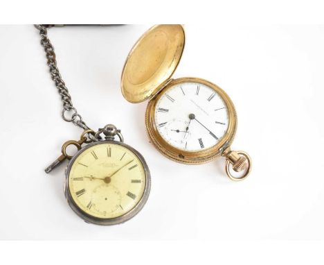 ELGIN WATCH COMPANY; a crown wind gold plated full hunter pocket watch, the enamel dial set with Roman numerals and subsidiar