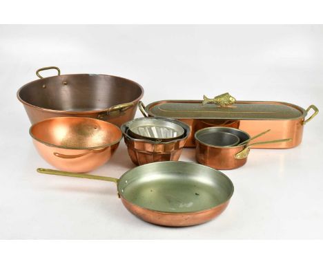 A collection of assorted metalware including copper fish kettle, twin handled pan, etc. 