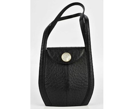 LALIQUE; a black ostrich quill pattern leather handbag, with a large glass cabochon to front flaps, with gold tone hardware, 