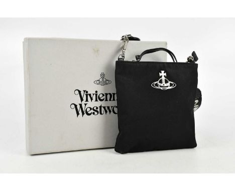 VIVIENNE WESTWOOD; a black cloth and vegan leather crossbody handbag with shoulder strap, featuring white signature, with sil