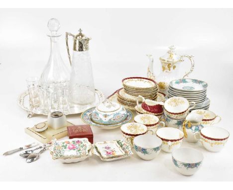 A collection of decorative ceramics and glassware, including a Victorian claret jug with etched decoration and silver plated 