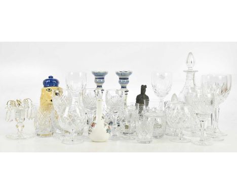 A collection of decorative glassware and ceramics including a decanter, various sized glasses, etc.
