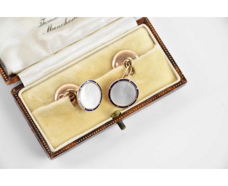 A pair of 9ct yellow gold blue enamel and mother of pearl set cufflinks, combined approx 6.1g, boxed.Condition Report: Both i