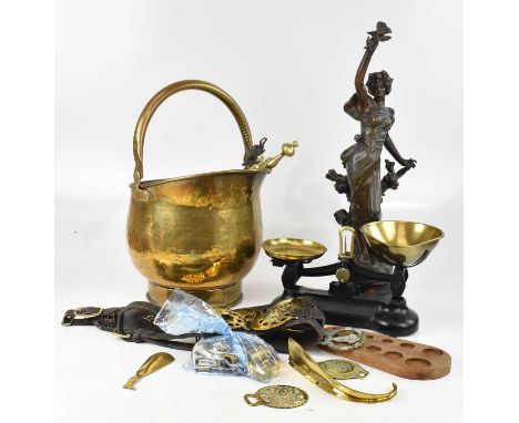 A collection of 19th century and later metalware including a French bronzed spelter figure of a maiden clutching flowers, bra