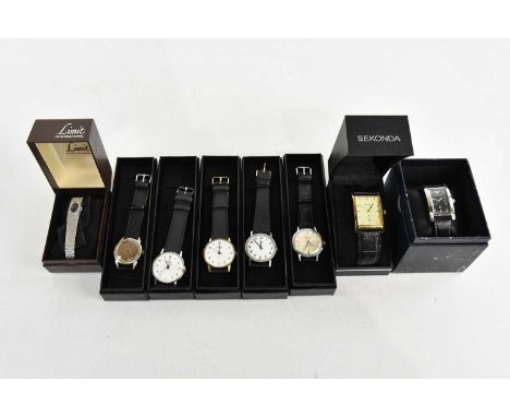 SEKONDA; four gentleman’s wrist watches, two circular examples with Arabic numerals, a circular example with baton numerals a