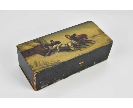 A Russian lacquered box depicting a troika sledge, length 23cm.