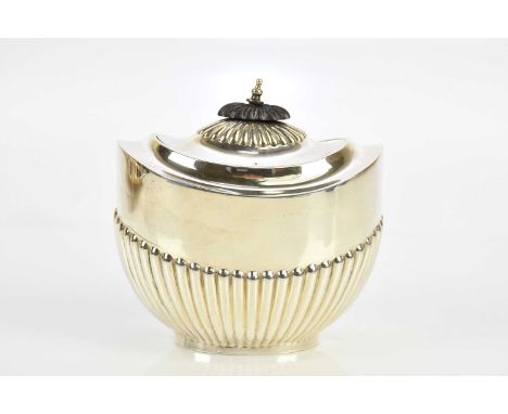 JAMES DEAKIN &amp; SONS; a George V hallmarked silver tea caddy of oval form, with gadrooned lower body, Sheffield 1918, appr
