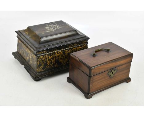 A Georgian three division tea caddy and a Victorian papier-mâché workbox with fitted interior, decorated with mother of pearl