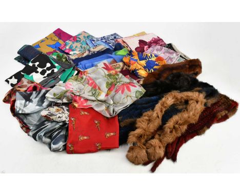 A large quantity of vintage scarves including a large Maggie Reve hand drawn silk scarf depicting cows, Liberty, Fox & Chave,