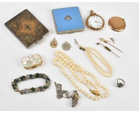 A Victorian yellow metal stick pin set with natural pearl, a further stick pin and assorted costume jewellery including simul