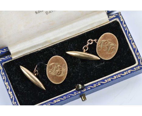 A pair of 9ct yellow gold cufflinks, with engraved initials DS, approximate weight 6.1g, in Mallory &amp; Son box. 