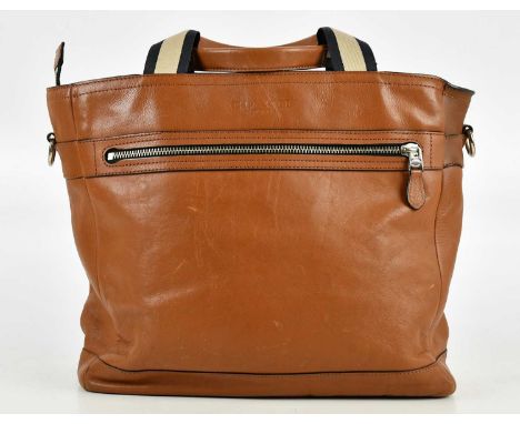 COACH; a glove tanned light brown tan large handbag, with two top cloth and leather handles, with embossed maker's logo to fr