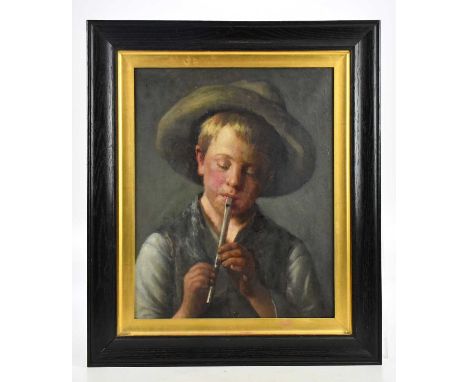 W FILZ; oil on canvas, boy playing flute, 51 x 40cm, framed.