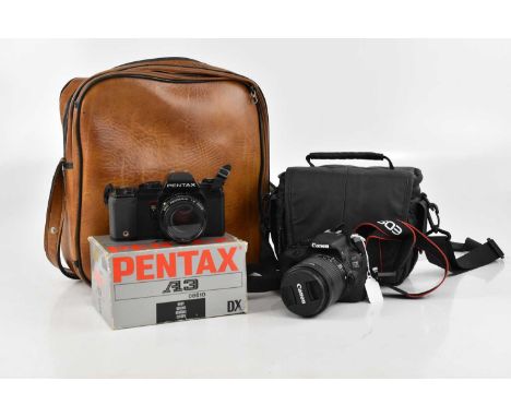 CANON; an EOS 100D camera, fitted in case, with disc, a Pentax A3 camera, with box and manual, and associated tripod.