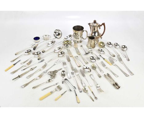 A small quantity of assorted silver plate including coffee pot, flatware, open salt, a presentation mug for Electrical Engine