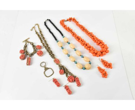 A decorative coral effect suite of jewellery comprising bracelet, necklace and matching earrings, a Victorian gold plated lou