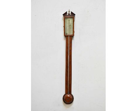 F GIOBIO; a 19th century inlaid mahogany stick barometer, with brass urn finial and silvered dial, height 97cm.