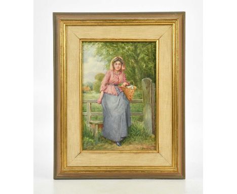 A D BASTIN; watercolour, young girl sitting on bench with a basket, signed lower right, 27 x 18cm, framed and glazed.