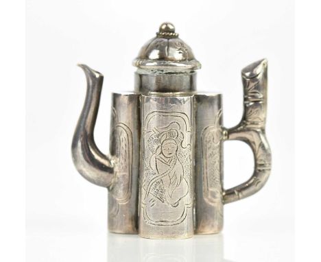 A Chinese miniature hallmarked silver teapot, with stylised bamboo handle and quatrilobed body, marked to base, height 4cm, a