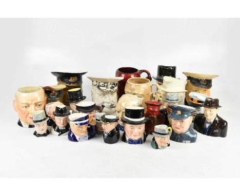 A collection of character jugs relating to Winston Churchill, including Royal Winton, Tony Wood, Carlton Ware, Prestige Jugs,