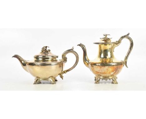 JOSEPH ANGELL I & JOHN ANGELL I; a George IV hallmarked silver squat teapot and matching hot water pot, with floral finials a