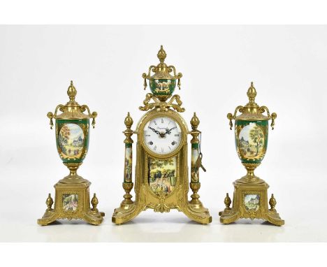 IMPERIAL; a modern decorative clock garniture, the clock with urn finial above the dial set with Roman numerals, with transfe