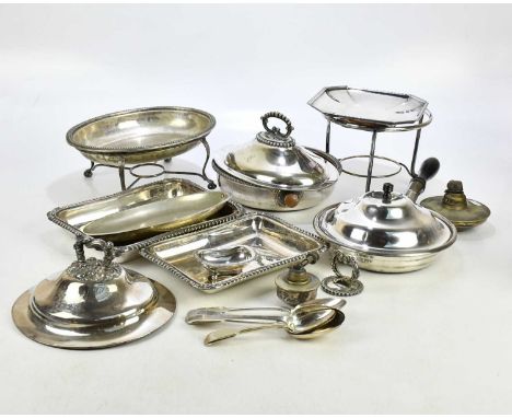 A collection of assorted silver plate including entrée dishes, warming stands, flatware, etc. 