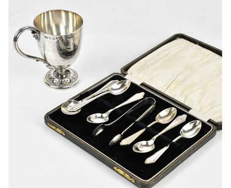 ELKINGTON &amp; CO; a Victorian hallmarked silver christening mug, with presentation inscription, Birmingham 1858, and a case