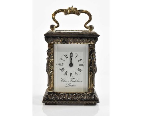 CHARLES FRODSHAM OF LONDON; a small hallmarked silver carriage clock, with caryatid corner pillars and signed rectangular whi