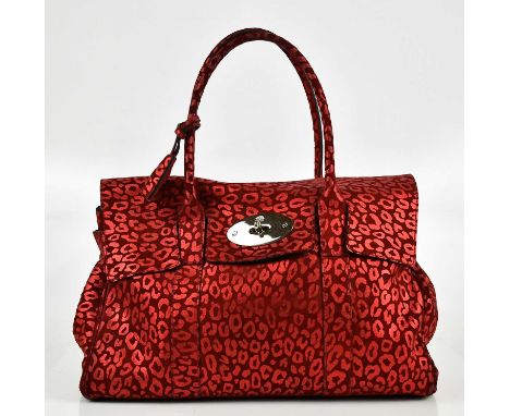 MULBERRY; a red limited edition leopard print suede Bayswater handbag, with two top handles, maker's logo to front, silver to
