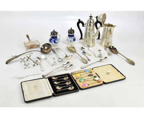 TURNER & SIMPSON; a cased set of six George VI hallmarked silver and enamel coffee bean spoons, Birmingham 1938, and a cased 