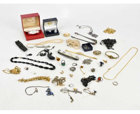 Assorted costume jewellery, including a lady's Citizen quartz wristwatch, simulated pearls, Gwent Constabulary cufflinks, a p