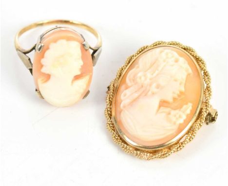 A yellow metal signet ring set with a cameo style cabochon depicting a portrait bust, size N, with similar pendant stamped 37
