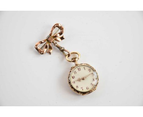 A 14ct yellow gold enamel decorated crown wind fob watch with Arabic numerals to the dial, portrait enamel painted case and w