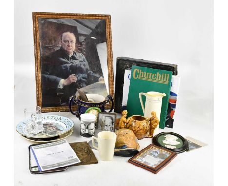 A collection of Winston Churchill related ceramics, including a Burleigh ware twin handled cup, a Newhall jug, a Wedgwood pla