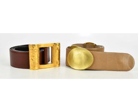 PALOMA PICASSO; a dark tan leather belt with heavy large gold front buckle, length 80cm, and a Donna Karan New York tan leath