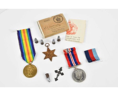 A WWI Victory Medal awarded to 32285 Private L Foley, Lancashire Regiment, and a WWII medal duo comprising a 1939-45 Medal an