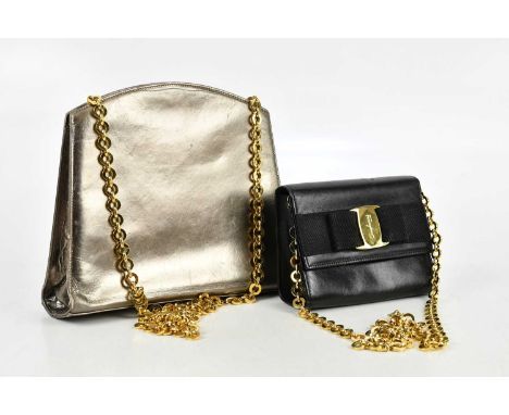 SALVATORE FERRAGAMO; a small black calfskin leather handbag, with gold tone large monogram buckle to front and heavy chain sh