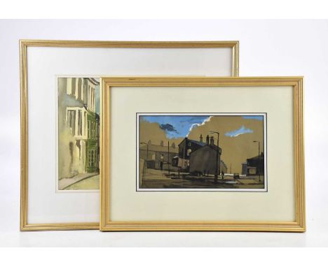 † GORDON RADFORD; mixed media, street scene, signed lower left, 17 x 29cm, framed and glazed, and a Len Burgess watercolour, 